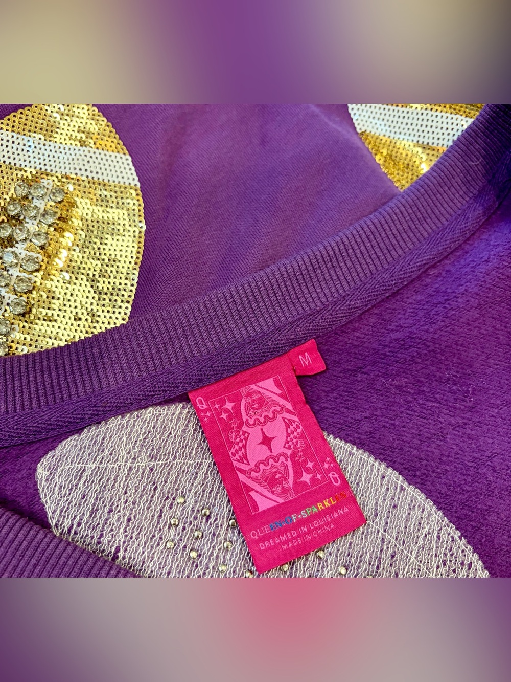 EUC!! QUEEN OF SPARKLES Sweatshirt with Gold Sequin & Crystal Footballs 🏈 - Picture 3 of 4
